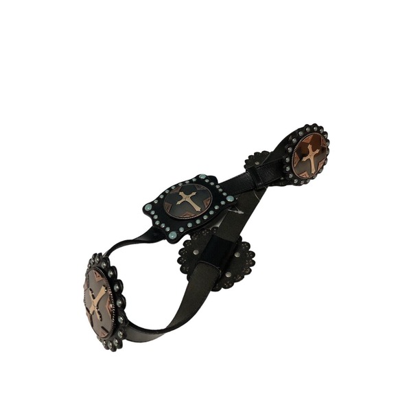 3D LEATHER BELT Cross MEDALLIONS Women’s Size S Small 28-32” Cats Eye Stones New - Picture 1 of 11